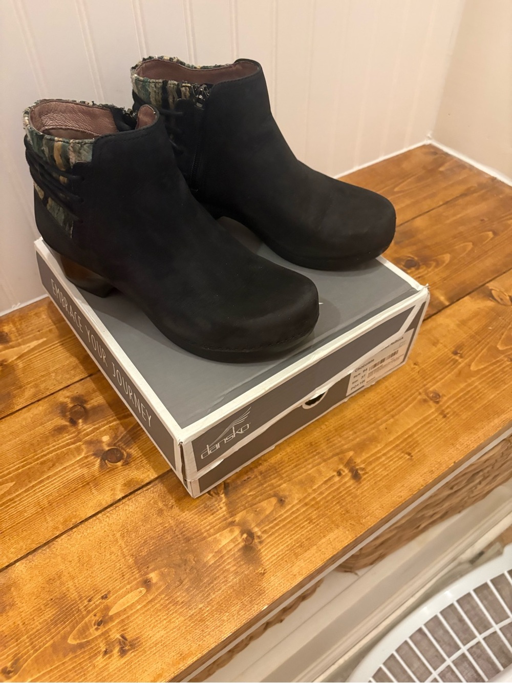 Dansko Black Ankle Booties with Patterned Collar Accent
